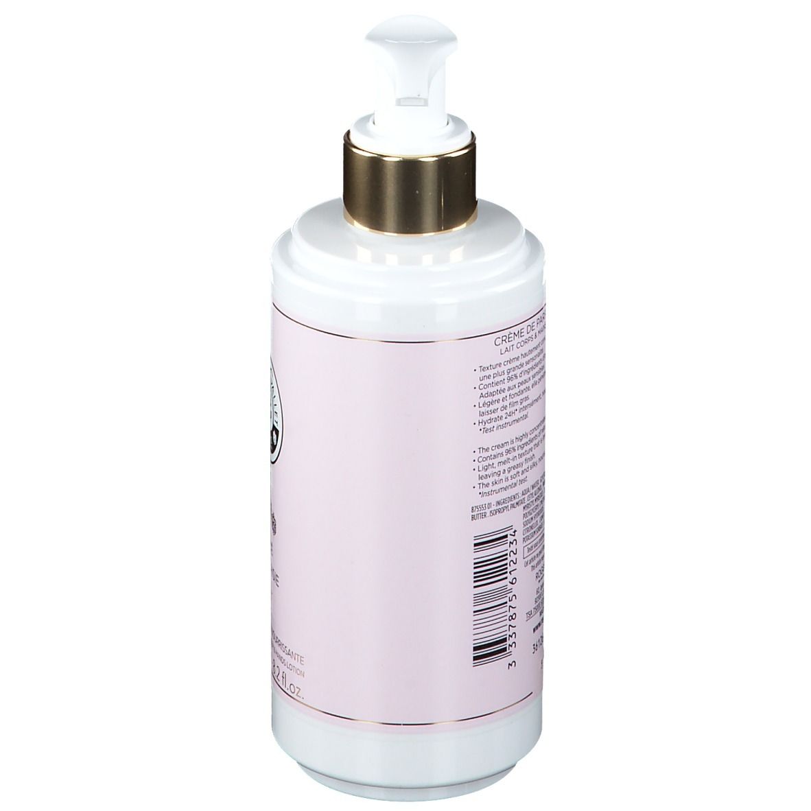Flacon avec étiquette rose et texte. Code-barres. Pompe dorée. Texte: Crème de Parfum Nourrissante, 250 ml.