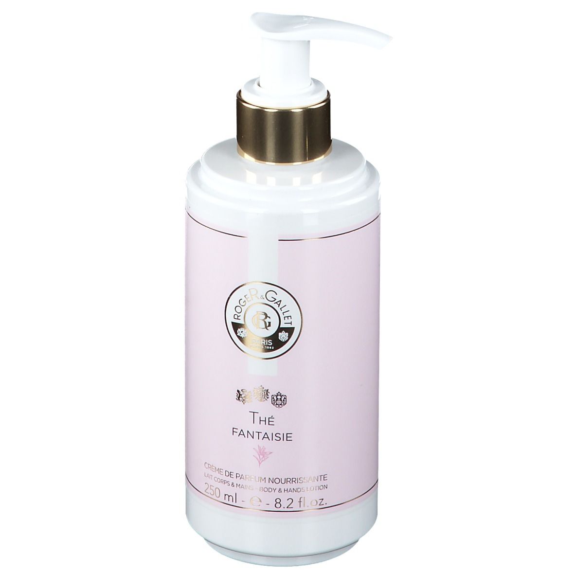 Flacon blanc avec étiquette rose, pompe dorée. Texte: Roger & Gallet, Thé Fantaisie, Crème Parfumée, 250 ml.