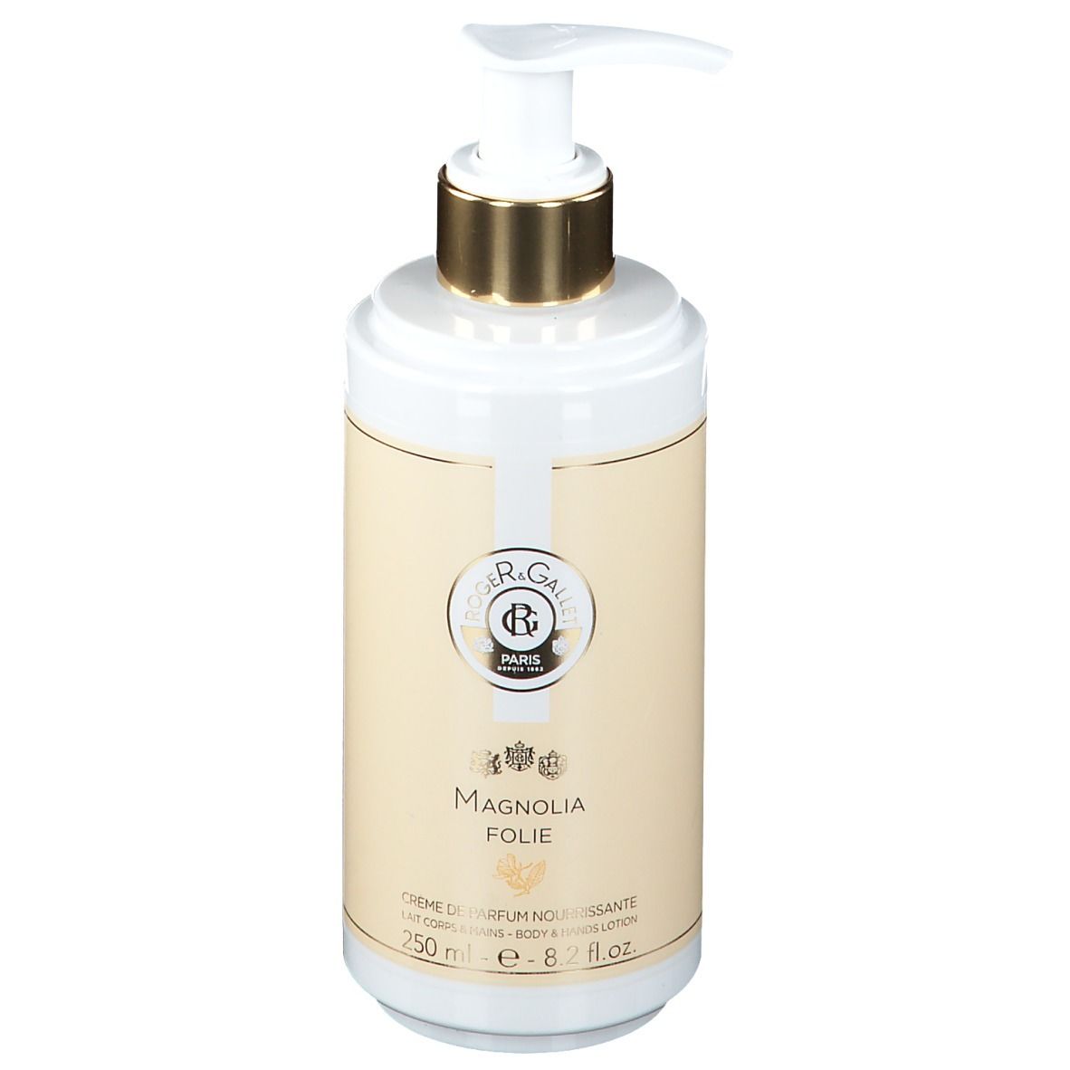 Weiße Flasche mit goldfarbenem Pumpkopf. Aufschrift: Roger & Gallet, Magnolia Folie. Creme de Parfum Nourrissante.