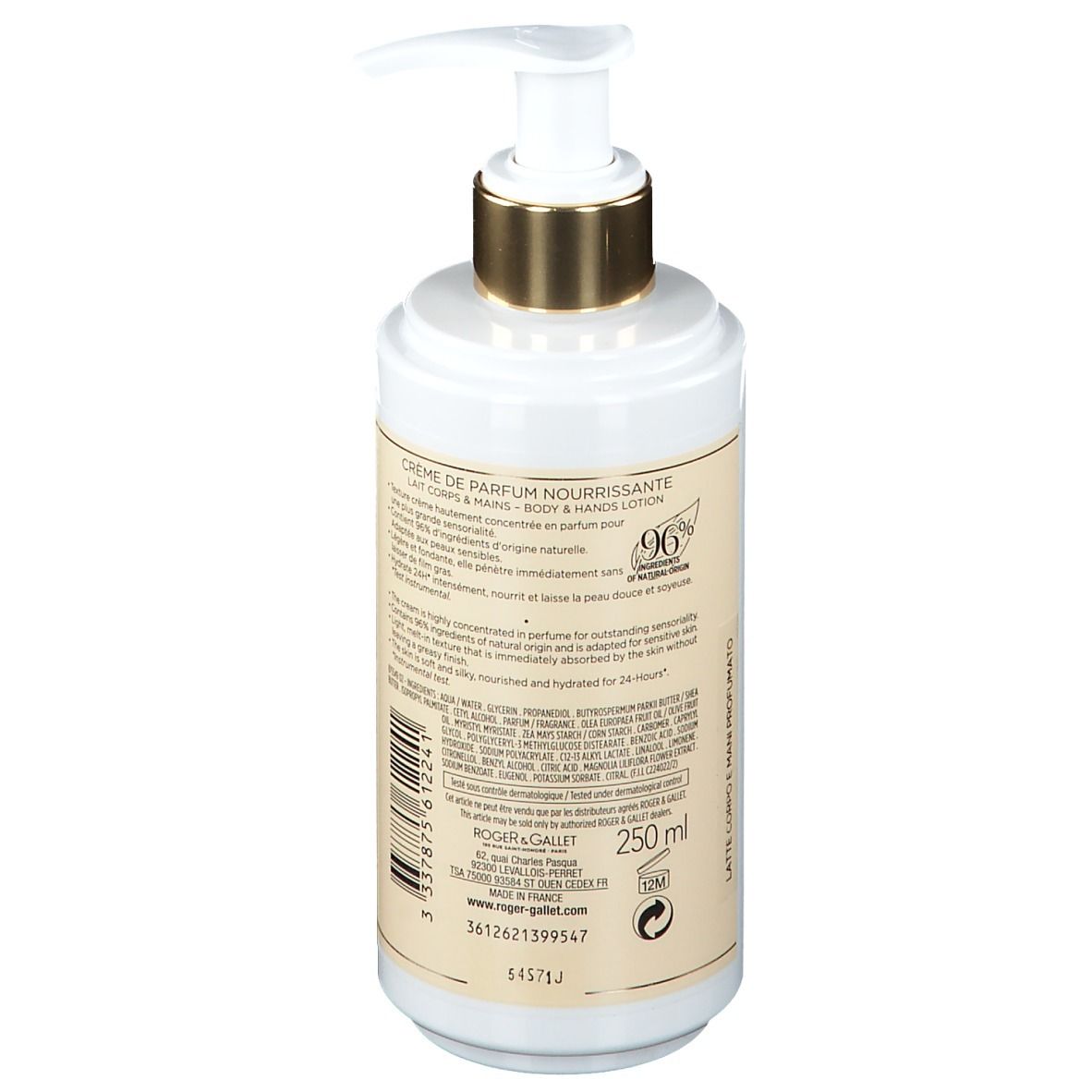 Weiße Flasche mit goldfarbenem Pumpkopf. Text auf cremefarbenem Etikett. Inhaltsstoffe, 96% Inhaltsstoffe natürlichen Ursprungs.