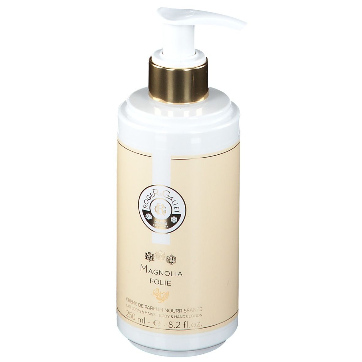 Weiße Flasche mit goldfarbenem Pumpkopf. Aufschrift: Roger & Gallet, Magnolia Folie. Creme de Parfum Nourrissante. 250 ml.