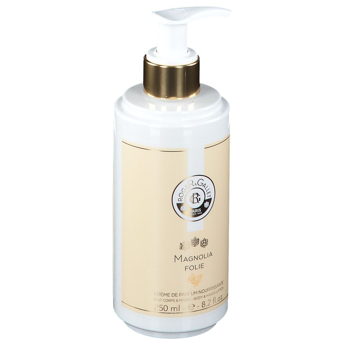 Weiße Flasche mit goldfarbenem Pumpkopf. Aufschrift: Roger & Gallet, Magnolia Folie. Creme de Parfum Nourrissante. 250 ml.