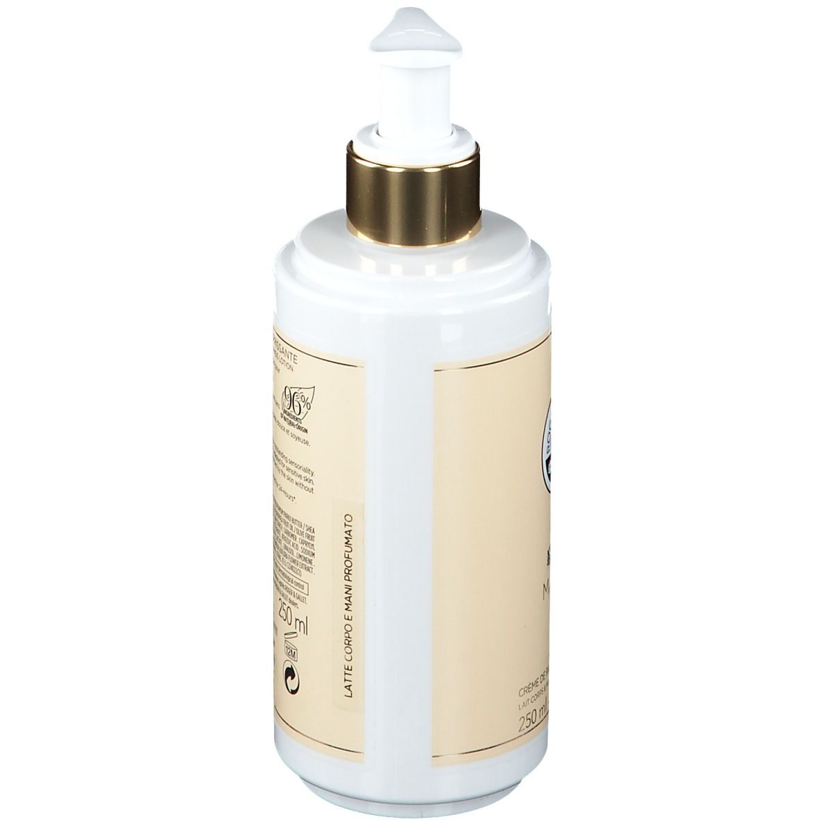 Weiße Flasche mit goldfarbenem Pumpkopf. Text auf cremefarbenem Etikett. Aufschrift: Lait Corps et Mains Parfumé. 250 ml.