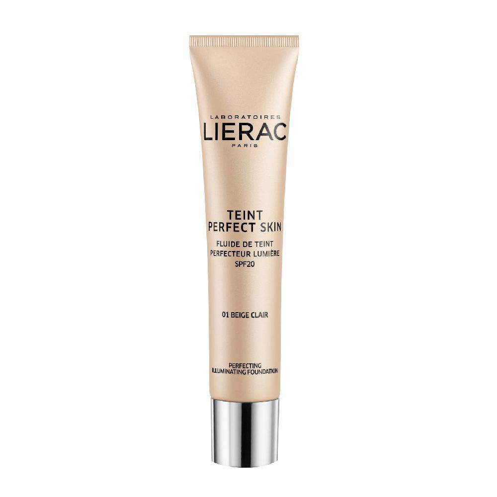 Tube beige avec bouchon argenté. Inscription: LIERAC, TEINT PERFECT SKIN, SPF20, 01 Beige Clair.