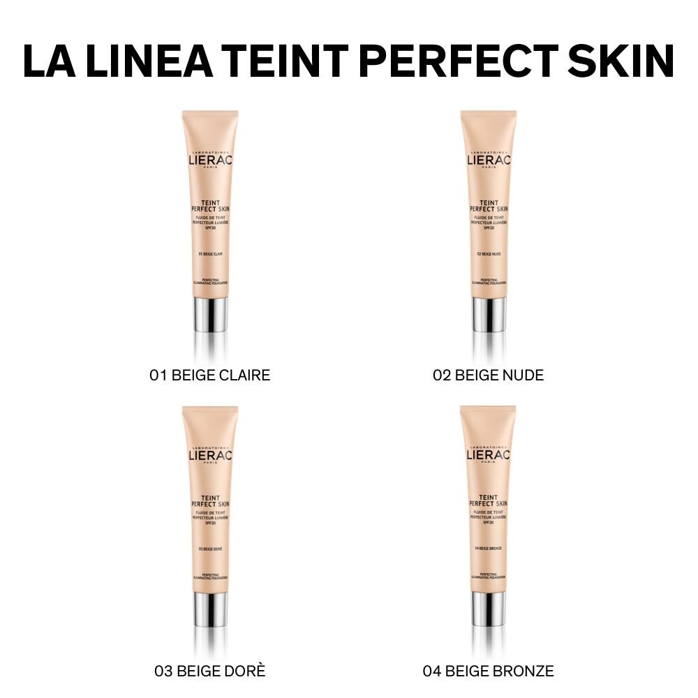 Quatre tubes de fond de teint. Inscription: LIERAC, TEINT PERFECT SKIN. Couleurs: 01 Beige Claire, 02 Beige Nude, 03 Beige Doré, 04 Beige Bronze.
