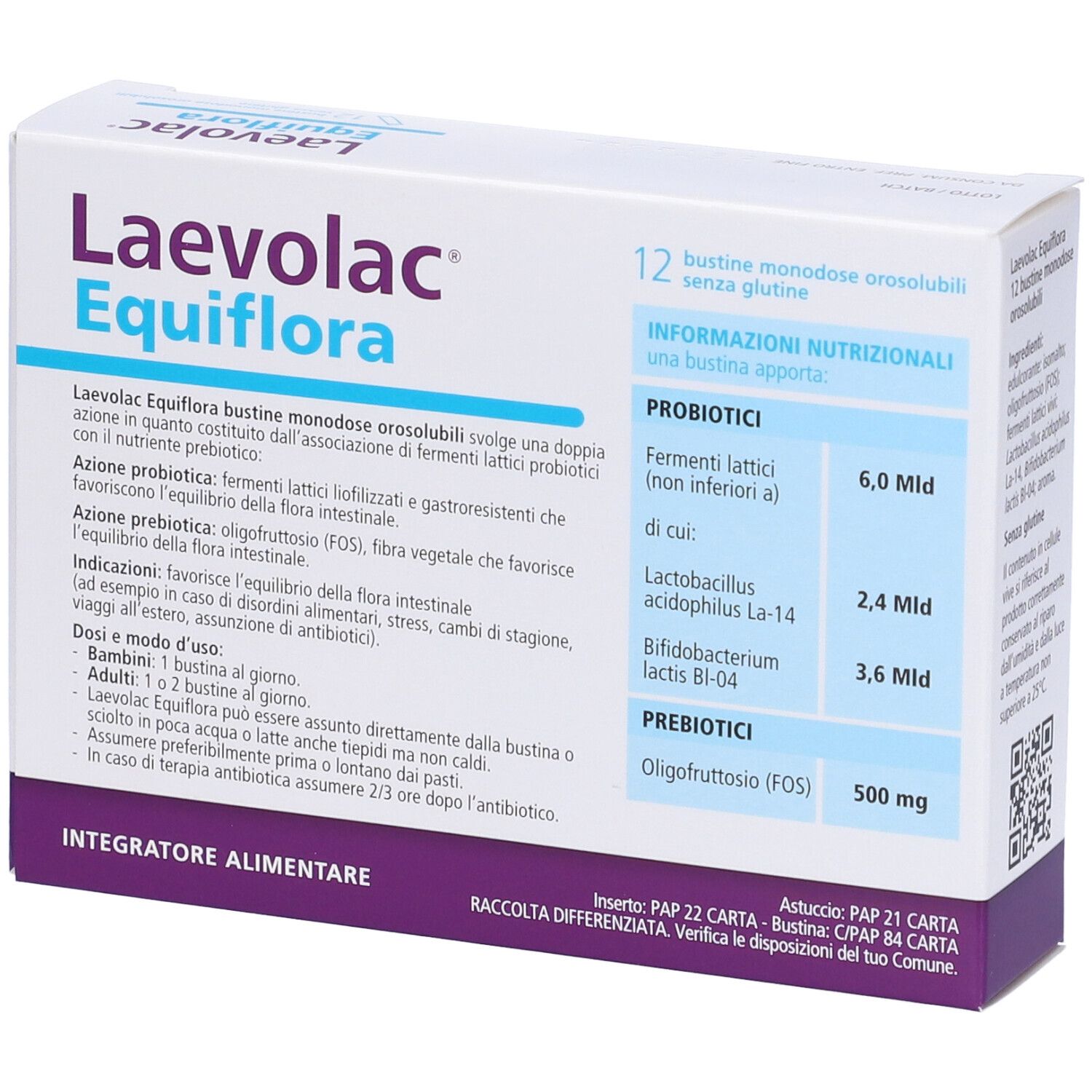 Schachtel Laevolac Equiflora. Aufschrift: Fermenti lattici vivi gastroresistenti. 12 Beutel. Nährwertinformationen.