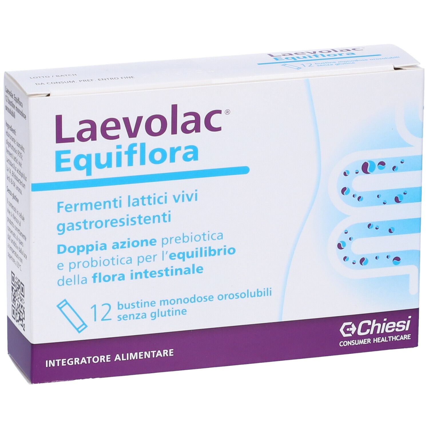 Schachtel Laevolac Equiflora. Aufschrift: Fermenti lattici vivi gastroresistenti. 12 Beutel. Chiesi Logo.