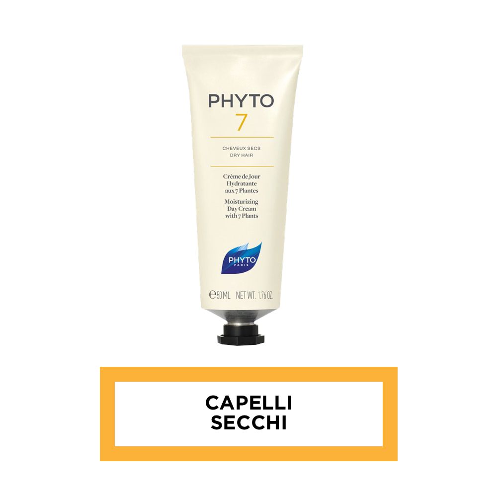 Gelber Kasten mit Text: CAPELLI SECCHI. Produkt für trockenes Haar.