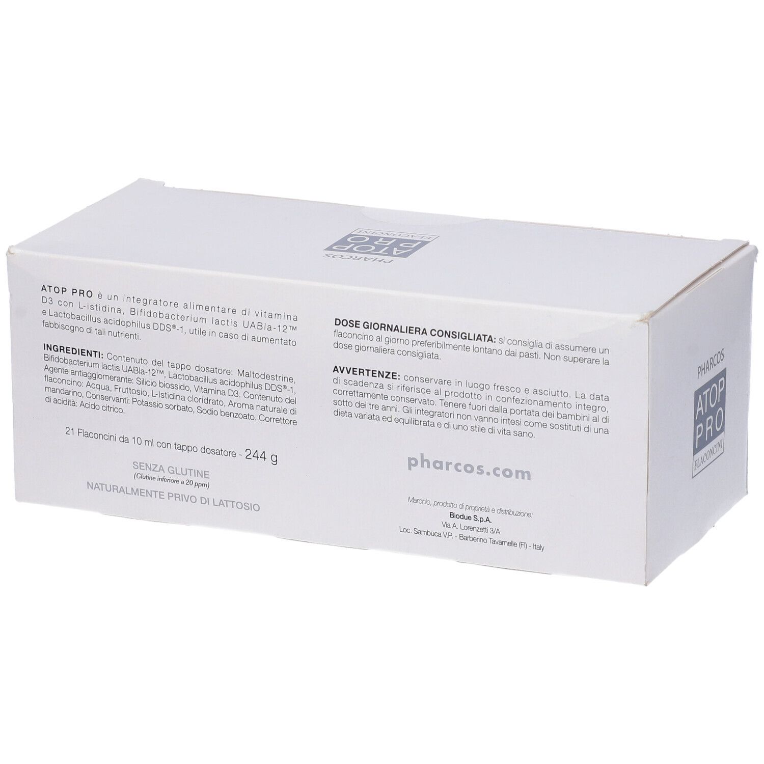 Weiße Schachtel mit Pharcos Atop Pro. Text und Inhaltsangaben. Aufschrift: Integratore alimentare. Flaconcini. Ohne Gluten.