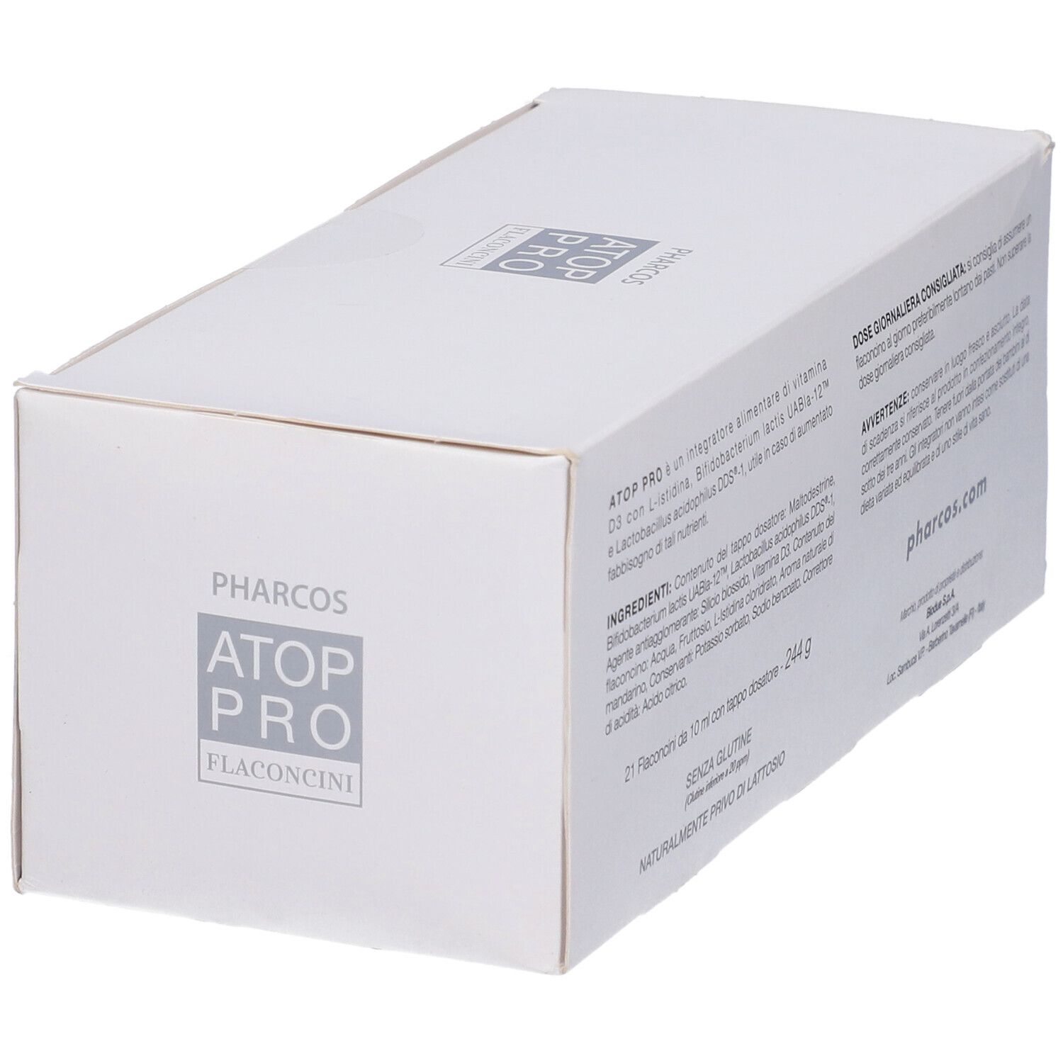 Weiße Schachtel mit Pharcos Atop Pro. Text und Inhaltsangaben. Aufschrift: Integratore alimentare. Flaconcini. Ohne Gluten.
