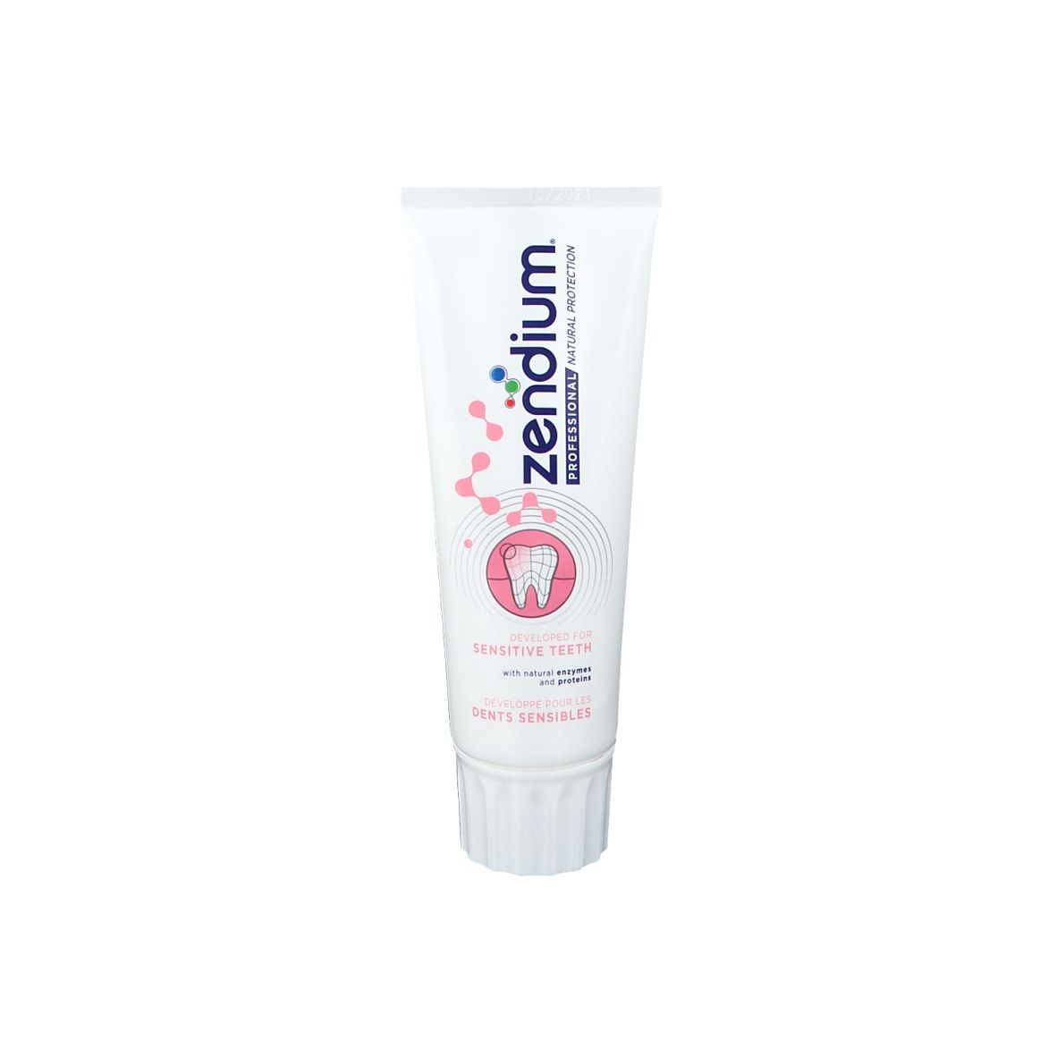 Tube de dentifrice blanche avec accents roses. Inscription: Zendium Professional, pour dents sensibles.