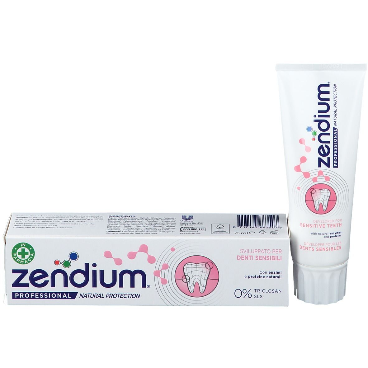 Tube et boîte de dentifrice. Tube blanc avec accents roses. Boîte blanche avec design rose et inscription Zendium.