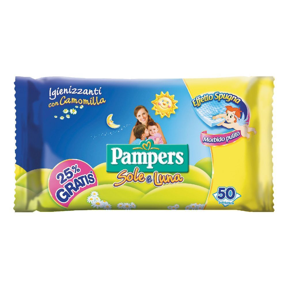 Pampers Feuchttücher, blaue Verpackung mit Sonne, Mond und Kindermotiv. Aufschrift: Sole e Luna, 50 Stück.
