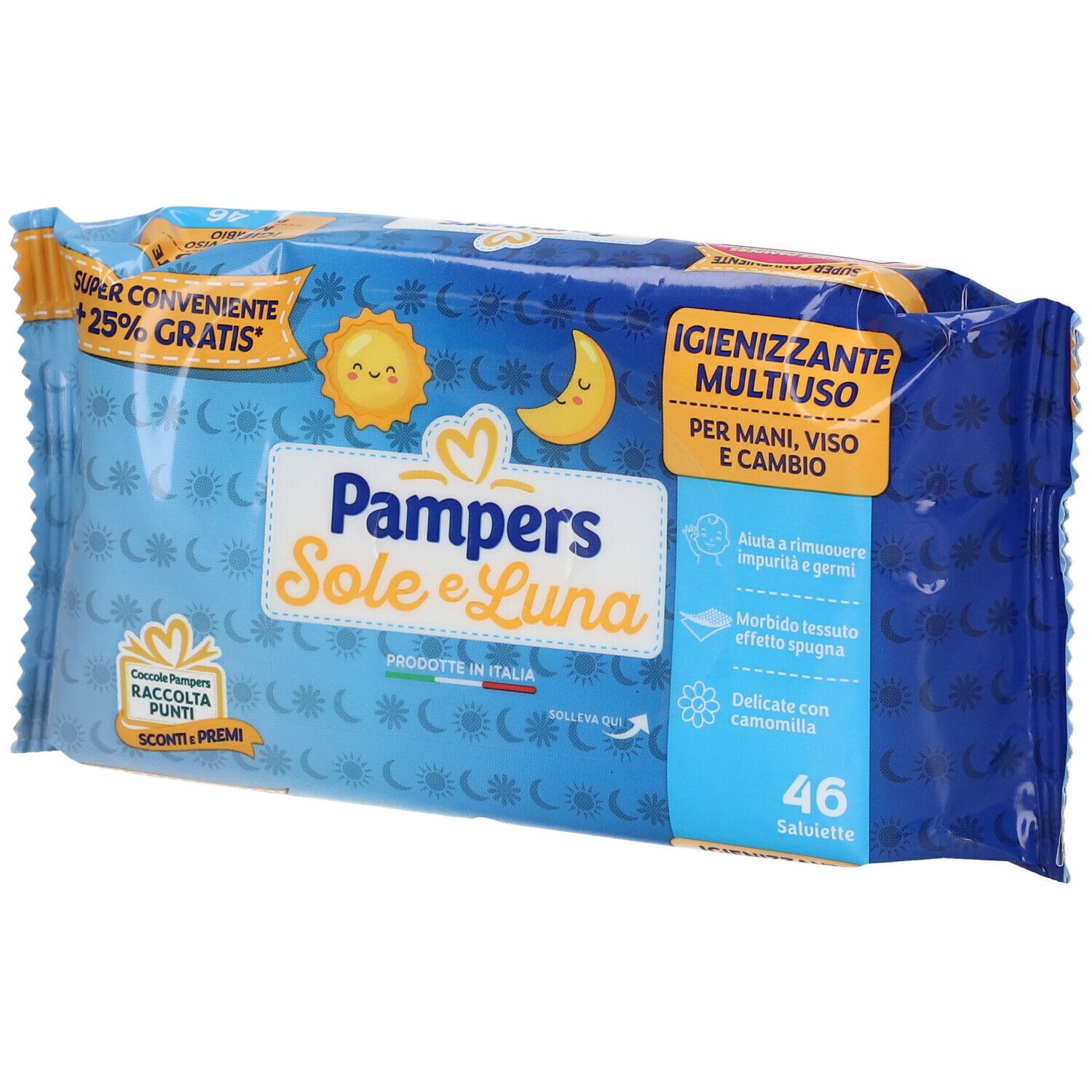 Pampers Feuchttücher, blaue Verpackung mit Sonne, Mond und Kindermotiv. Aufschrift: Sole e Luna, 46 Tücher.