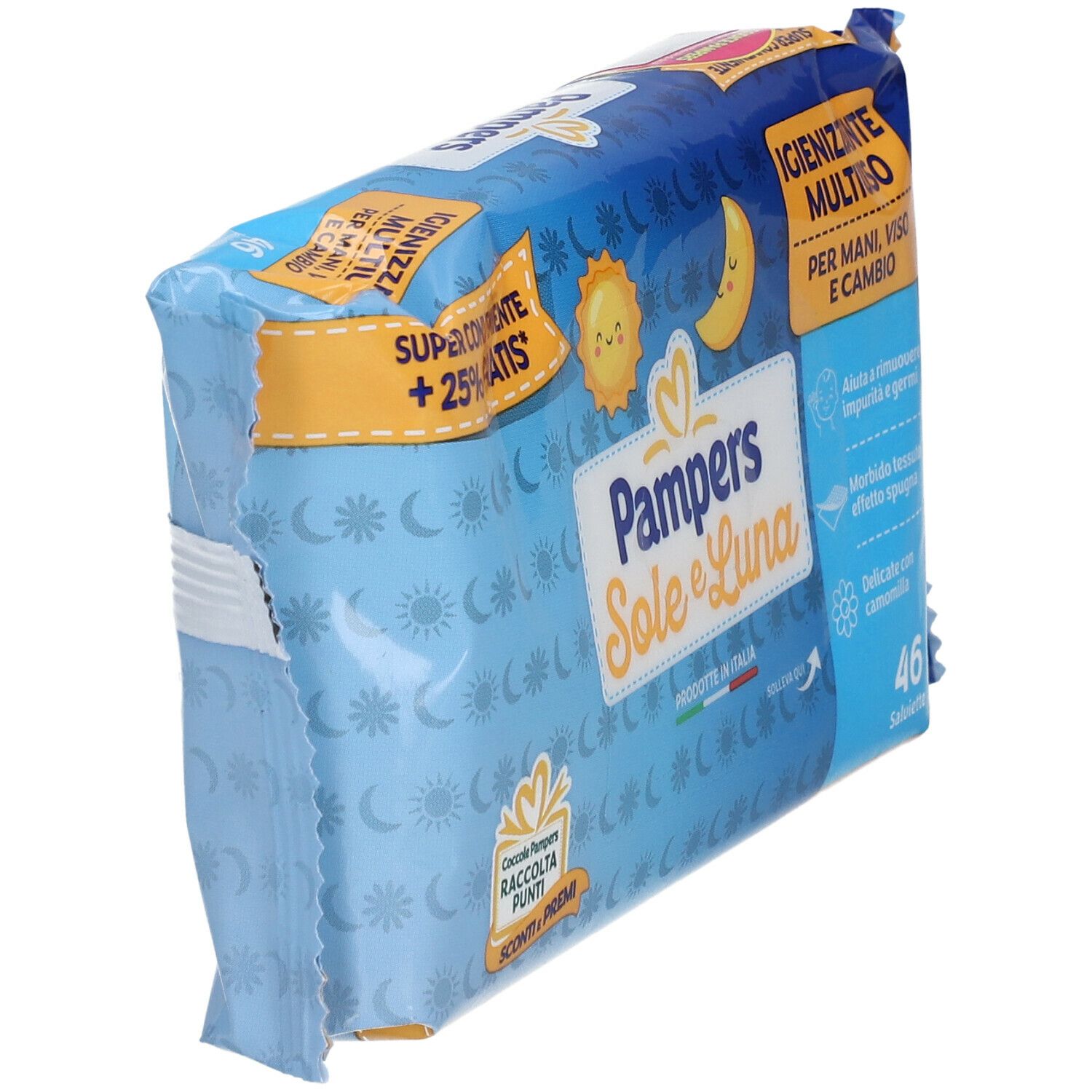 Pampers Feuchttücher, blaue Verpackung mit Sonne, Mond und Kindermotiv. Aufschrift: Sole e Luna, 46 Tücher.