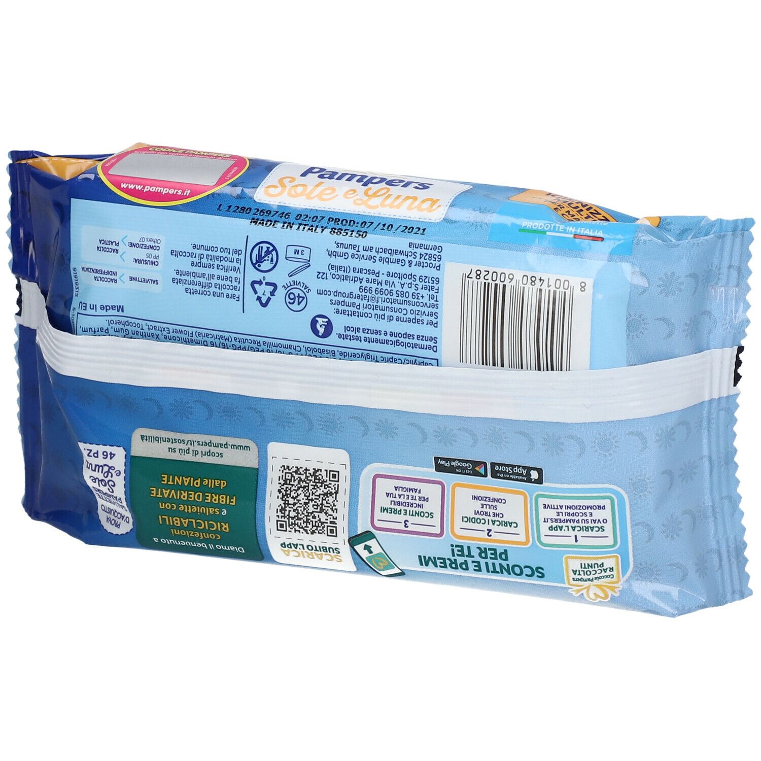 Rückseite der Pampers Feuchttücher-Verpackung. Informationen, Barcode, Recycling-Hinweise und QR-Codes.