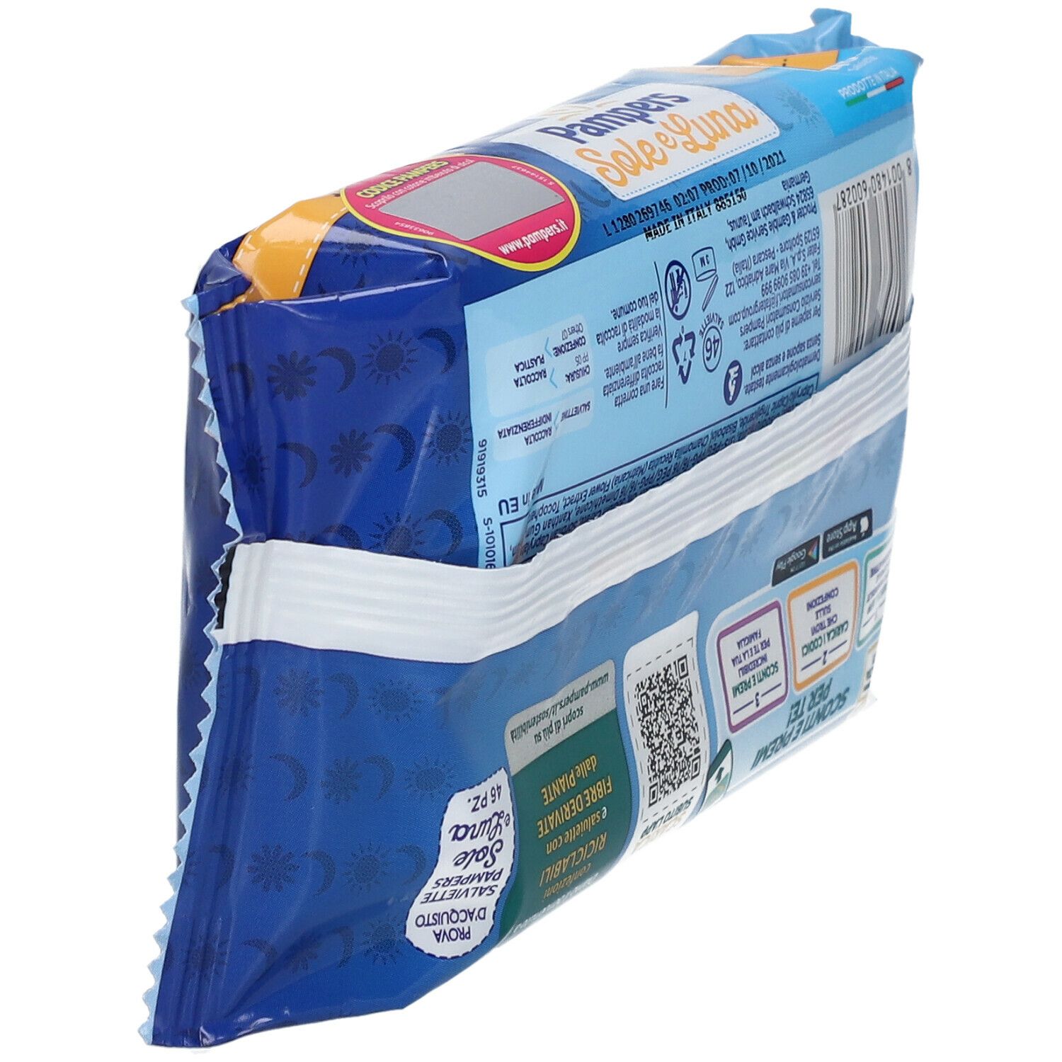 Rückseite der Pampers Feuchttücher-Verpackung. Informationen, Barcode, Recycling-Hinweise und QR-Codes.