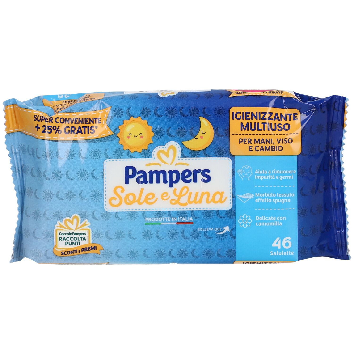 Pampers Feuchttücher, blaue Verpackung mit Sonne, Mond und Kindermotiv. Aufschrift: Sole e Luna, 46 Tücher.