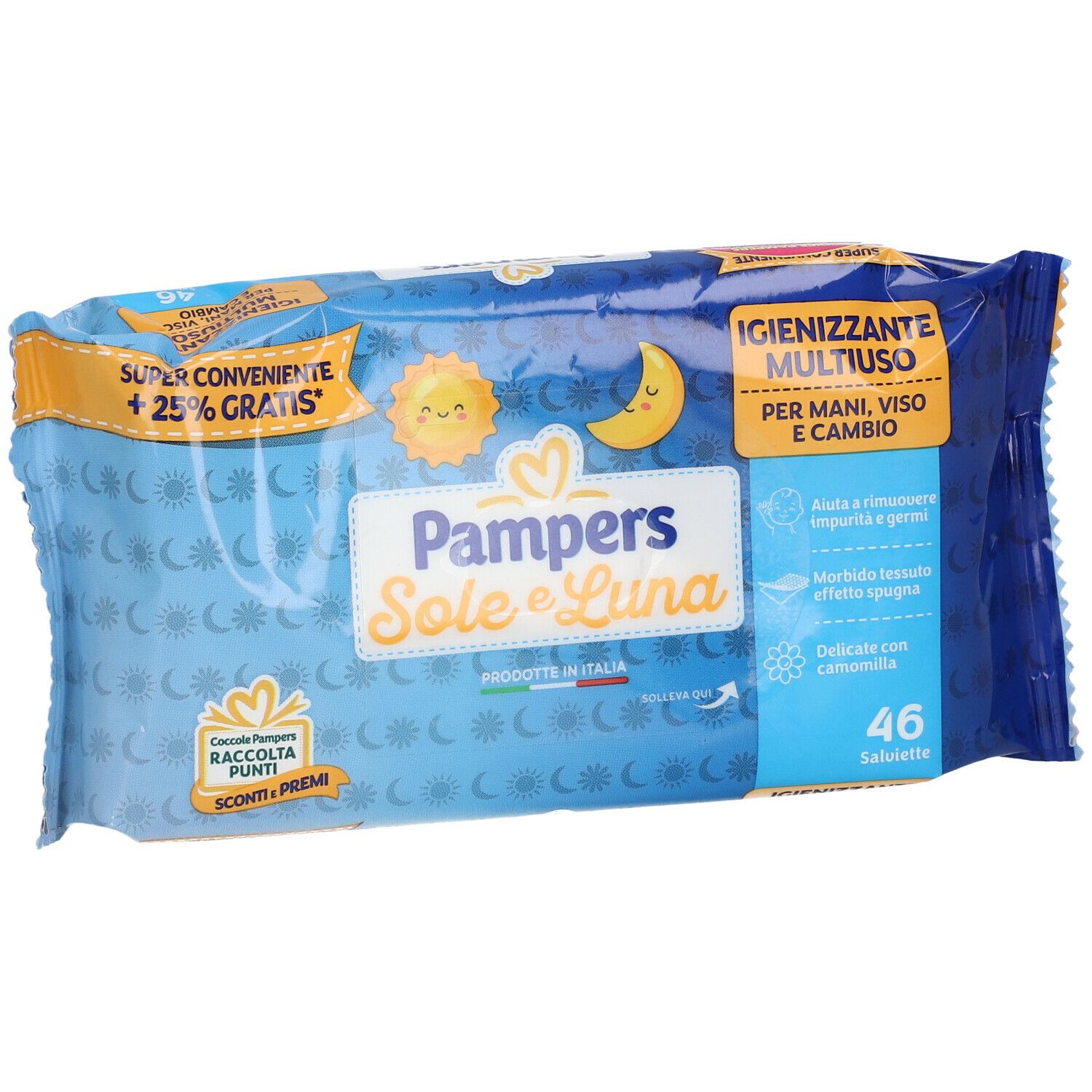 Pampers Feuchttücher, blaue Verpackung mit Sonne, Mond und Kindermotiv. Aufschrift: Sole e Luna, 46 Tücher.