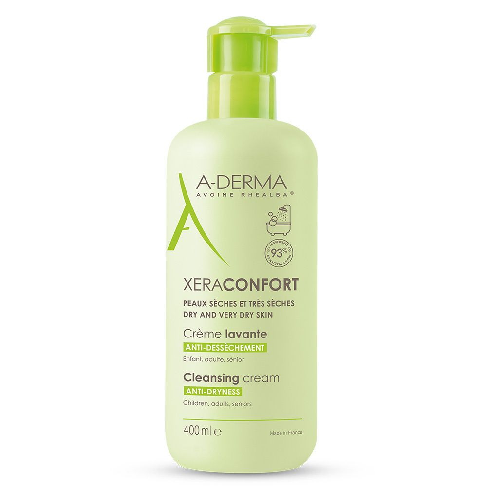 A-DERMA XeraConfort, grüne Flasche mit Pumpe. Aufschrift: Peaux sèches et très sèches, Crème lavante, Anti-dessèchement, 400ml.