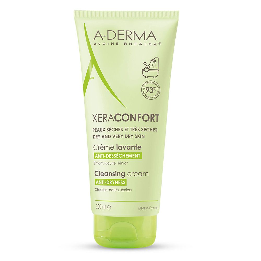Grüne Tube mit A-DERMA XERACONFORT. Text: Peaux sèches et très sèches, Crème lavante, Anti-dessèchement. 93% natürlich.