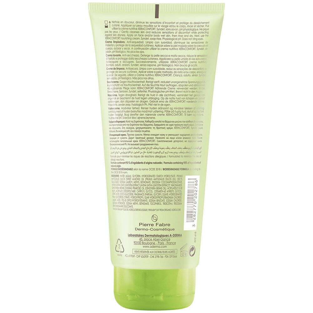 Rückseite der grünen Tube. Text in mehreren Sprachen. Hersteller: Pierre Fabre. Recycling-Symbol.