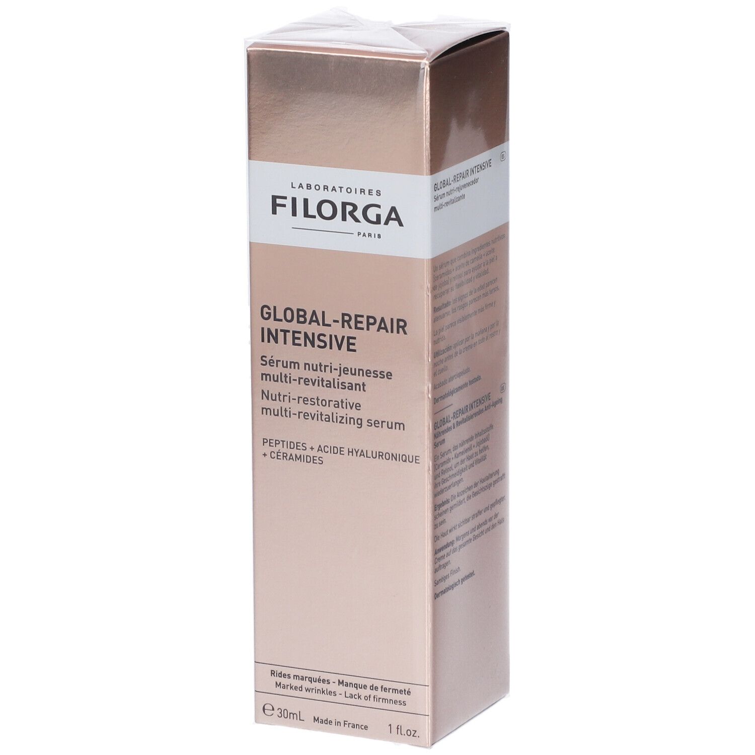 Boîte FILORGA Global-Repair Intensives. Carton doré avec nom du produit et ingrédients. 30ml, fabriqué en France.