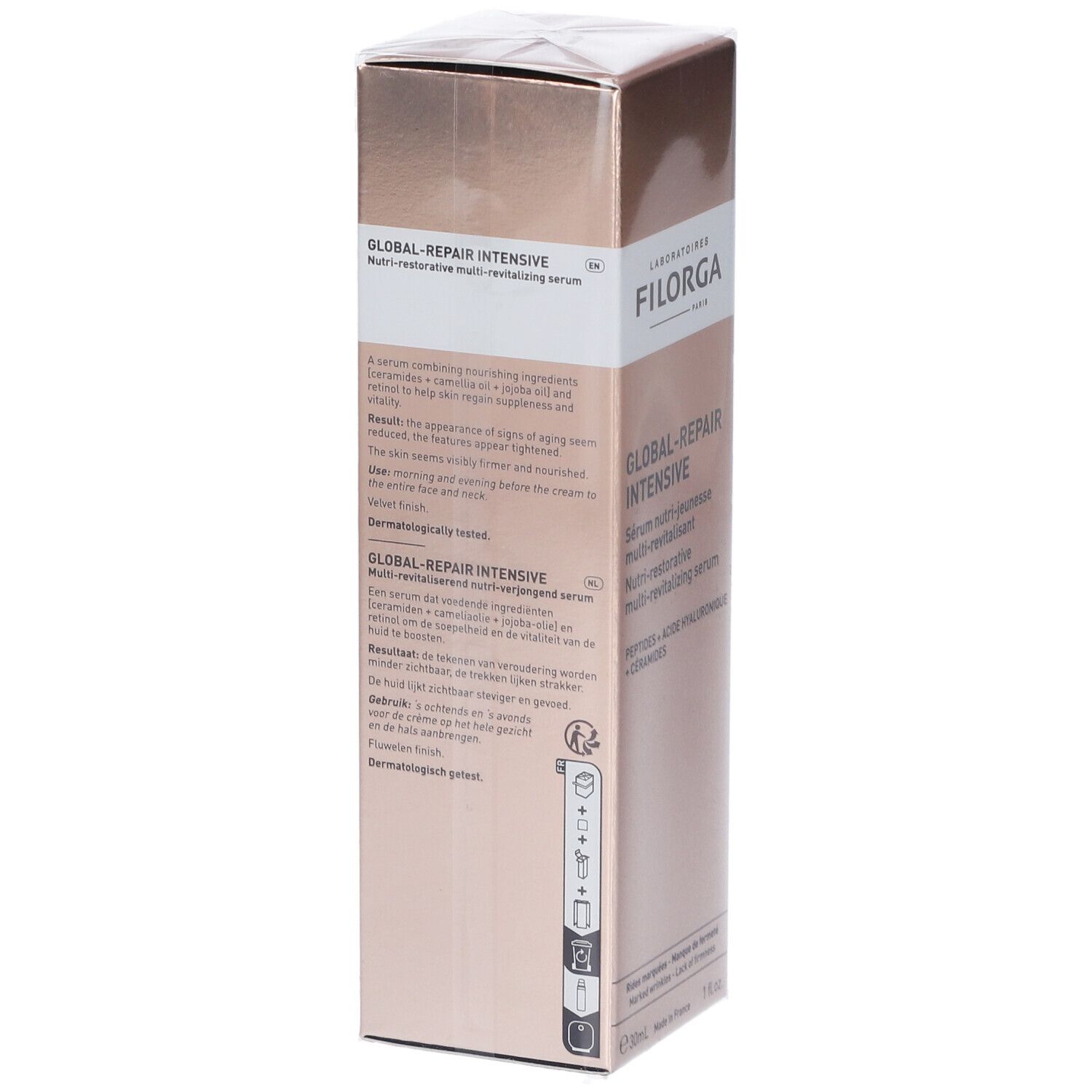 Dos de la boîte de sérum FILORGA Global-Repair Intensives. Texte multilingue. Testé dermatologiquement.