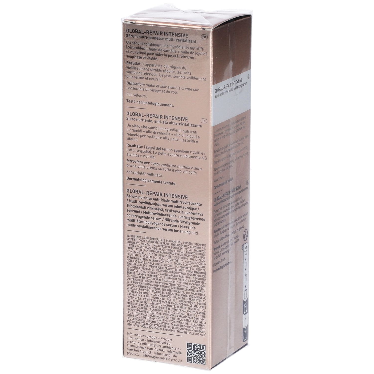Côté de la boîte de sérum FILORGA Global-Repair Intensives. Texte multilingue. Code QR.