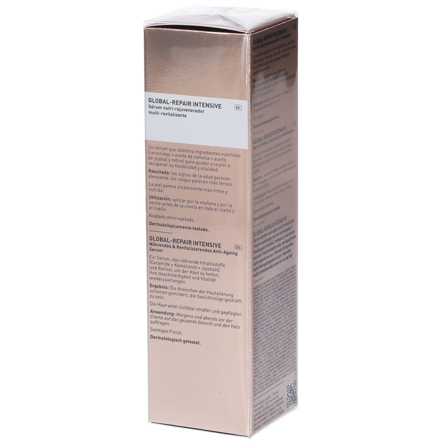 Côté de la boîte de sérum FILORGA Global-Repair Intensives. Texte multilingue. Testé dermatologiquement.