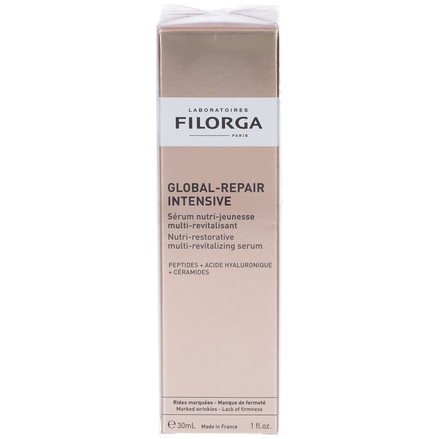 Face avant de la boîte de sérum FILORGA Global-Repair Intensives. Carton doré avec nom et ingrédients. 30ml.