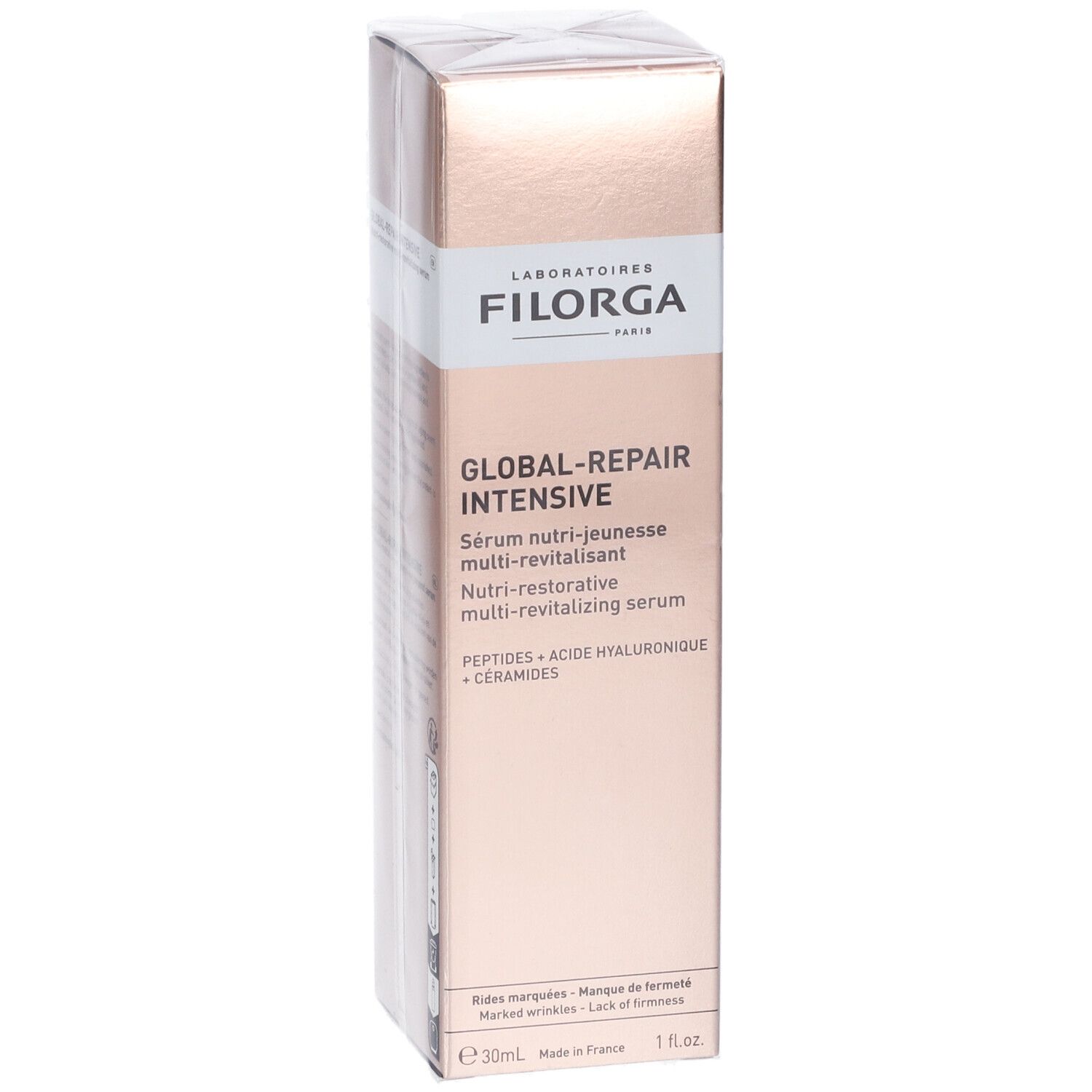 Face avant de la boîte de sérum FILORGA Global-Repair Intensives. Carton doré avec nom et ingrédients. 30ml.