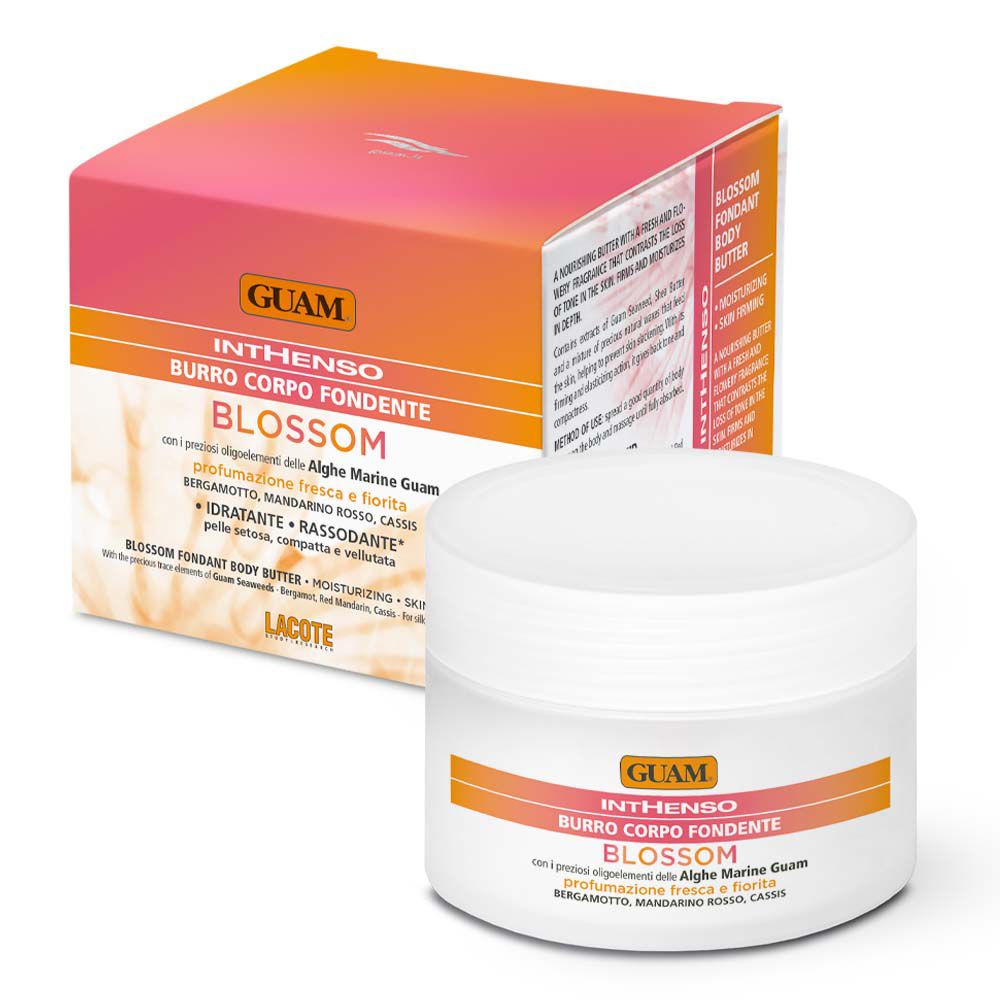 Pot de crème et emballage. Inscription : GUAM Inthenso Burro Corpo Fondente Blossom. Emballage rose-orangé.
