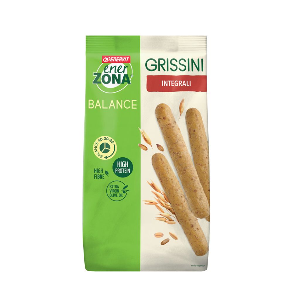 Verpackung mit ENERVIT EnerZona Vollkornbrotstangen. Aufschrift 'GRISSINI INTEGRALI'. Grün-weißes Design, Produktabbildung.