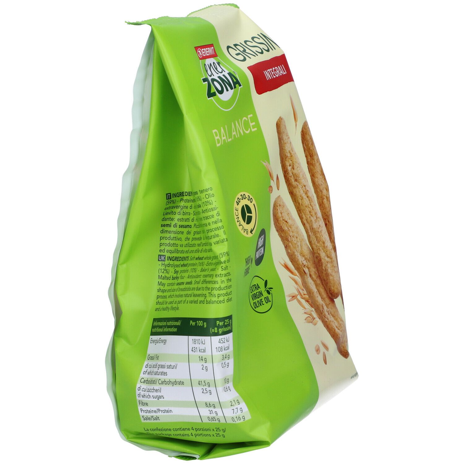 Seitenansicht der Verpackung von ENERVIT EnerZona Vollkornbrotstangen. Text und Nährwertangaben auf grünem Hintergrund.
