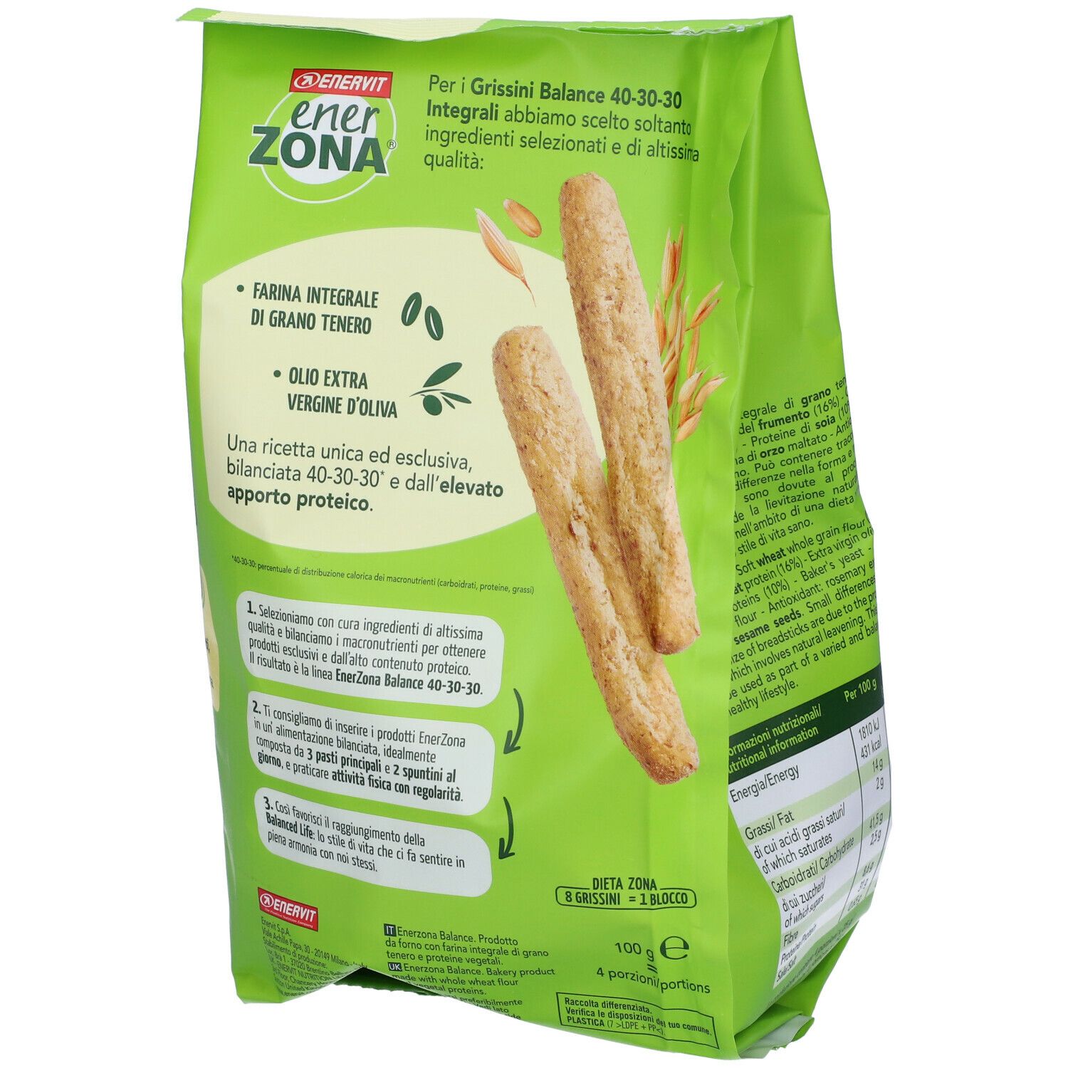 Rückseite der Verpackung von ENERVIT EnerZona Vollkornbrotstangen. Text, Produktabbildung und Nährwertangaben.