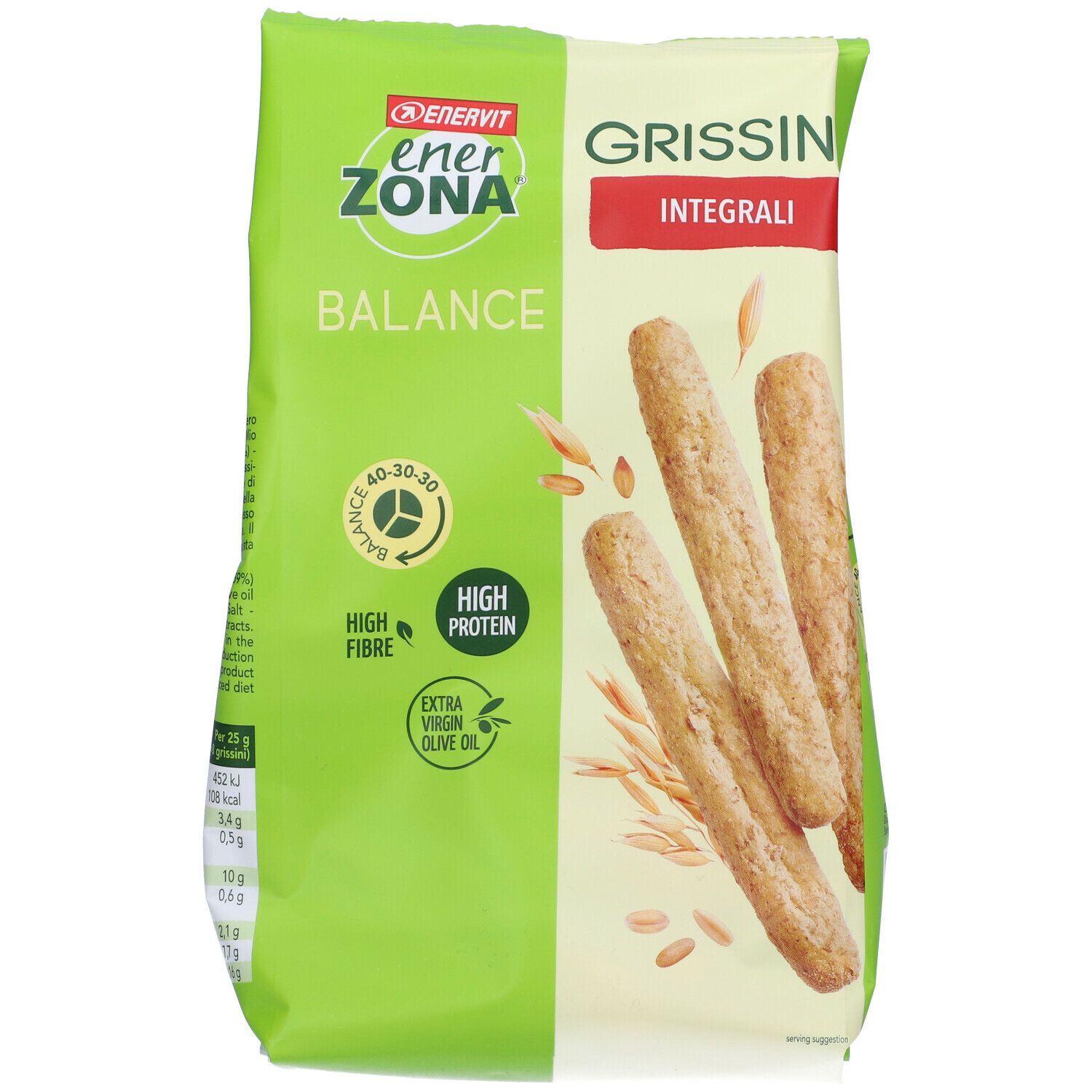 Verpackung von ENERVIT EnerZona Vollkornbrotstangen. 'GRISSINI INTEGRALI' und Produktabbildung. Grün-weißes Design.