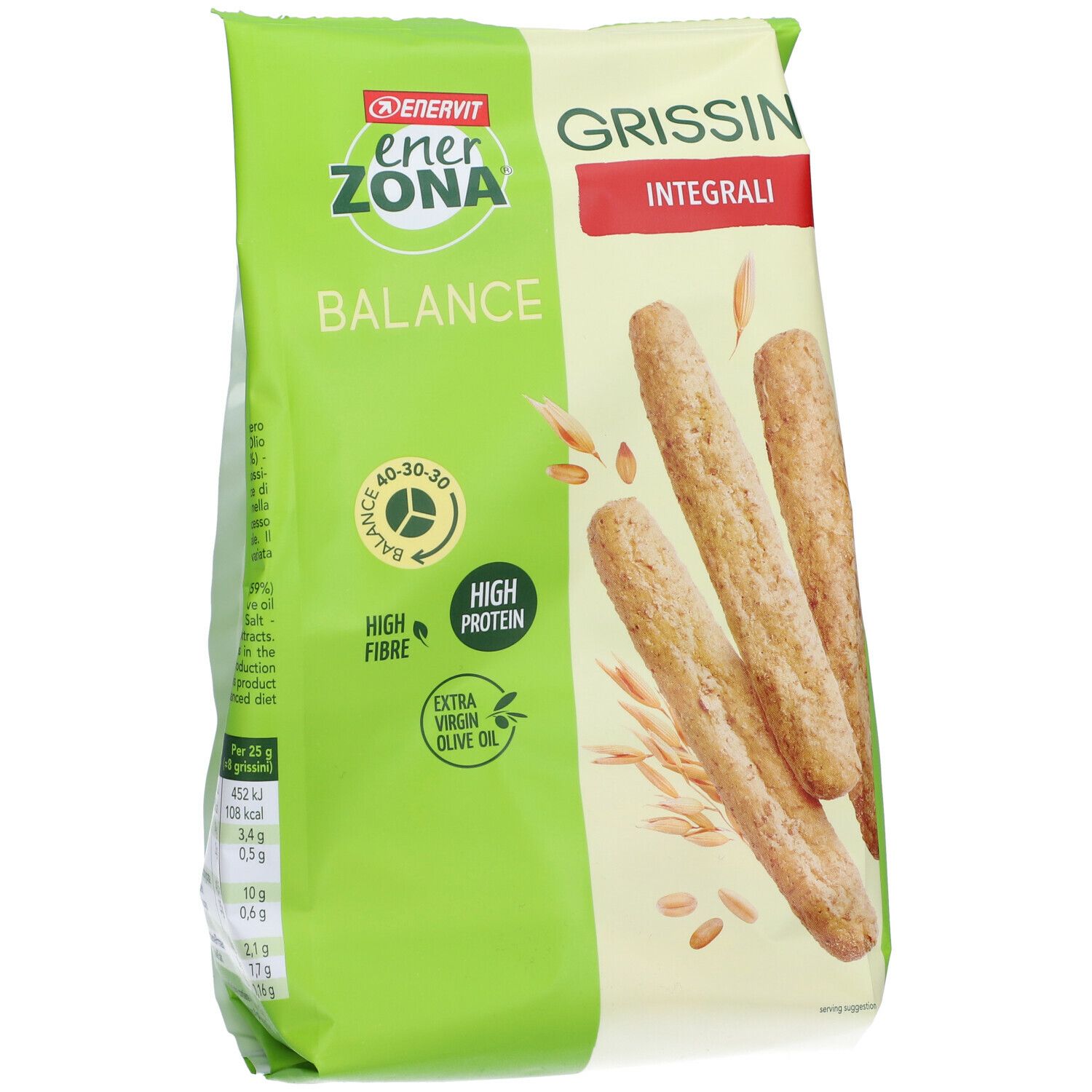 Verpackung von ENERVIT EnerZona Vollkornbrotstangen. 'GRISSINI INTEGRALI' und Produktabbildung. Grün-weißes Design.