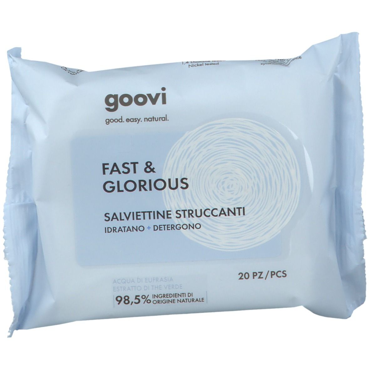 Paquet de lingettes. Texte: Fast & Glorious, 20 pièces. Marque Goovi. 98,5% ingrédients d'origine naturelle.