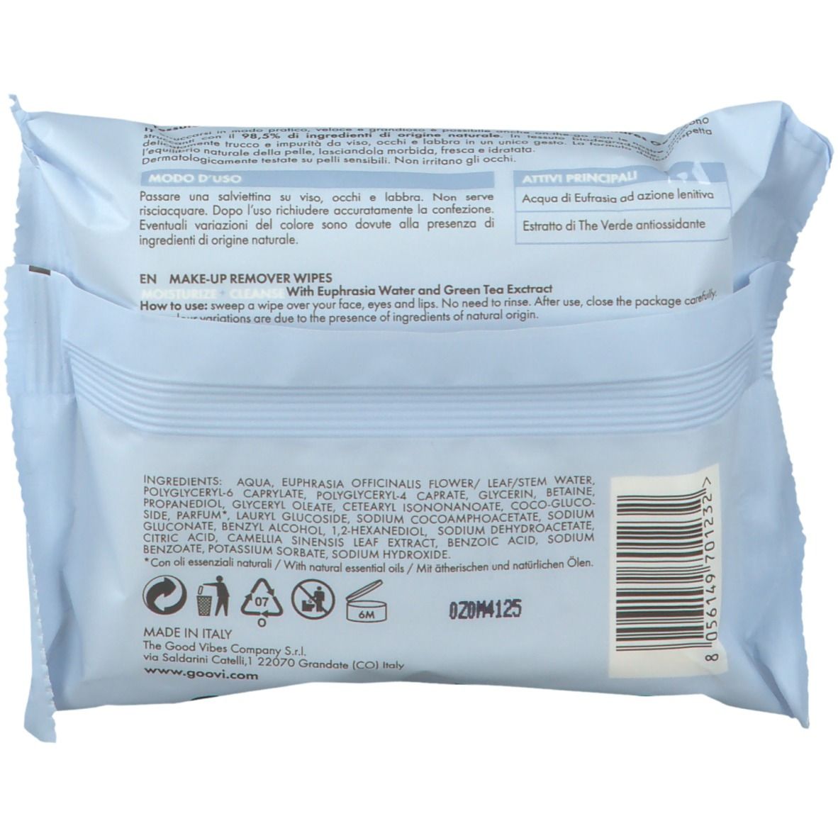 Dos du paquet de lingettes. Texte: ingrédients, instructions d'utilisation. Marque Goovi. Fabriqué en Italie.