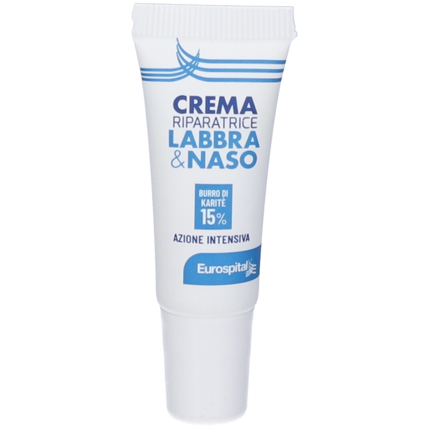 Tube de crème 'Crema Riparatrice Labbra & Naso'. Contient 15% de beurre de karité. Marque Eurospital.