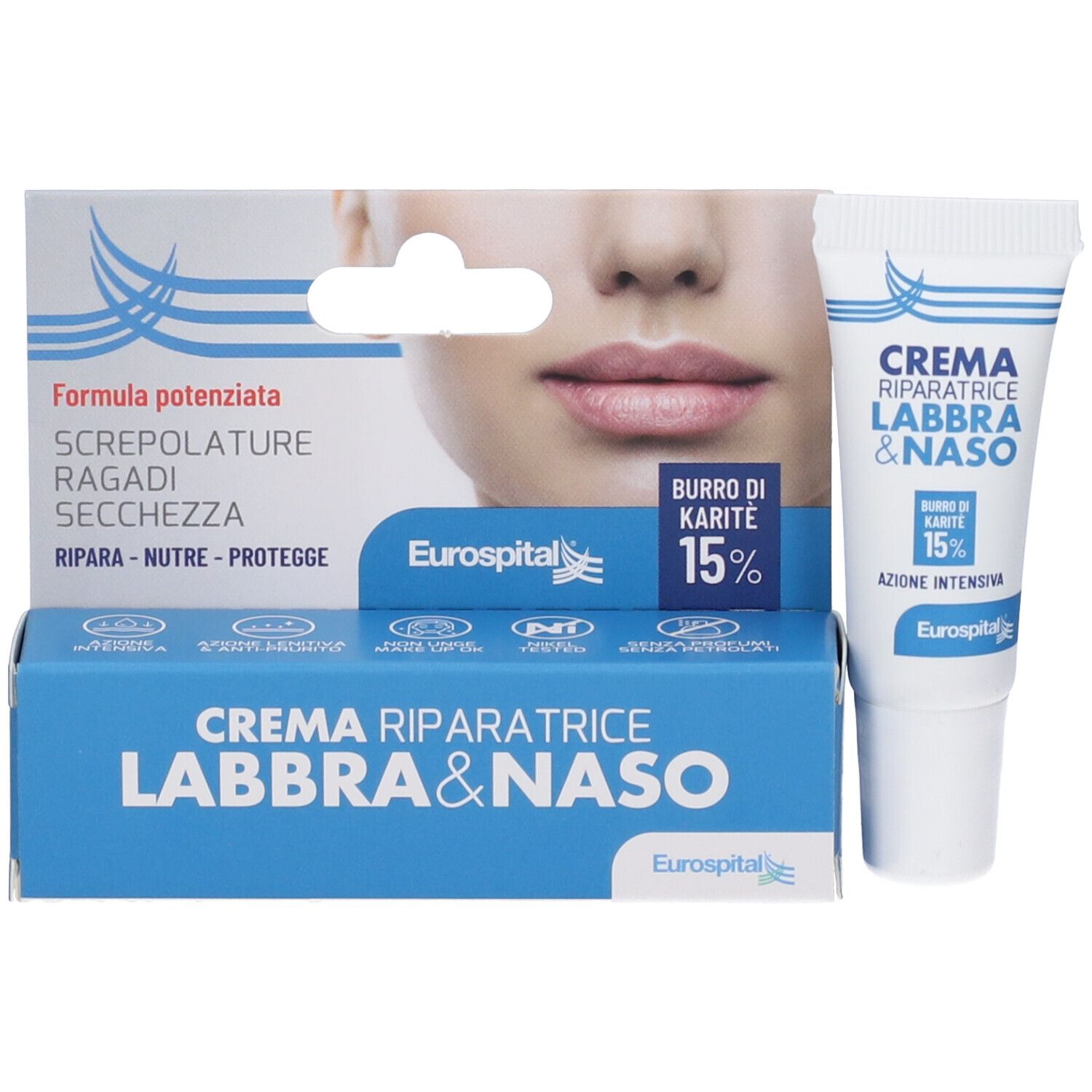 Emballage avec tube de crème. Inscription 'Crema Riparatrice Labbra & Naso'. Contient 15% beurre de karité. Marque Eurospital.