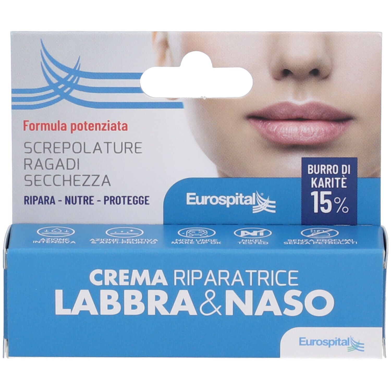 Emballage avec inscription 'Crema Riparatrice Labbra & Naso'. Contient 15% beurre de karité. Marque Eurospital. Visage illustré.