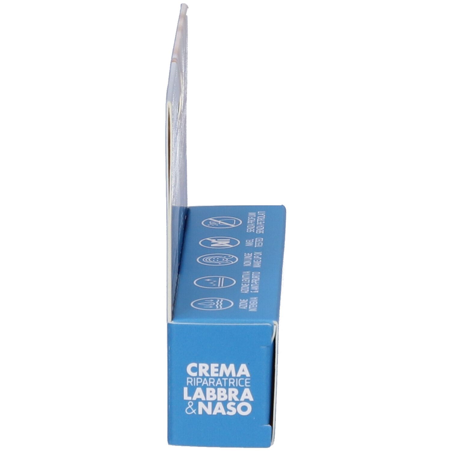Vue latérale de l'emballage. Inscription 'Crema Riparatrice Labbra & Naso'. Marque Eurospital. Symboles.