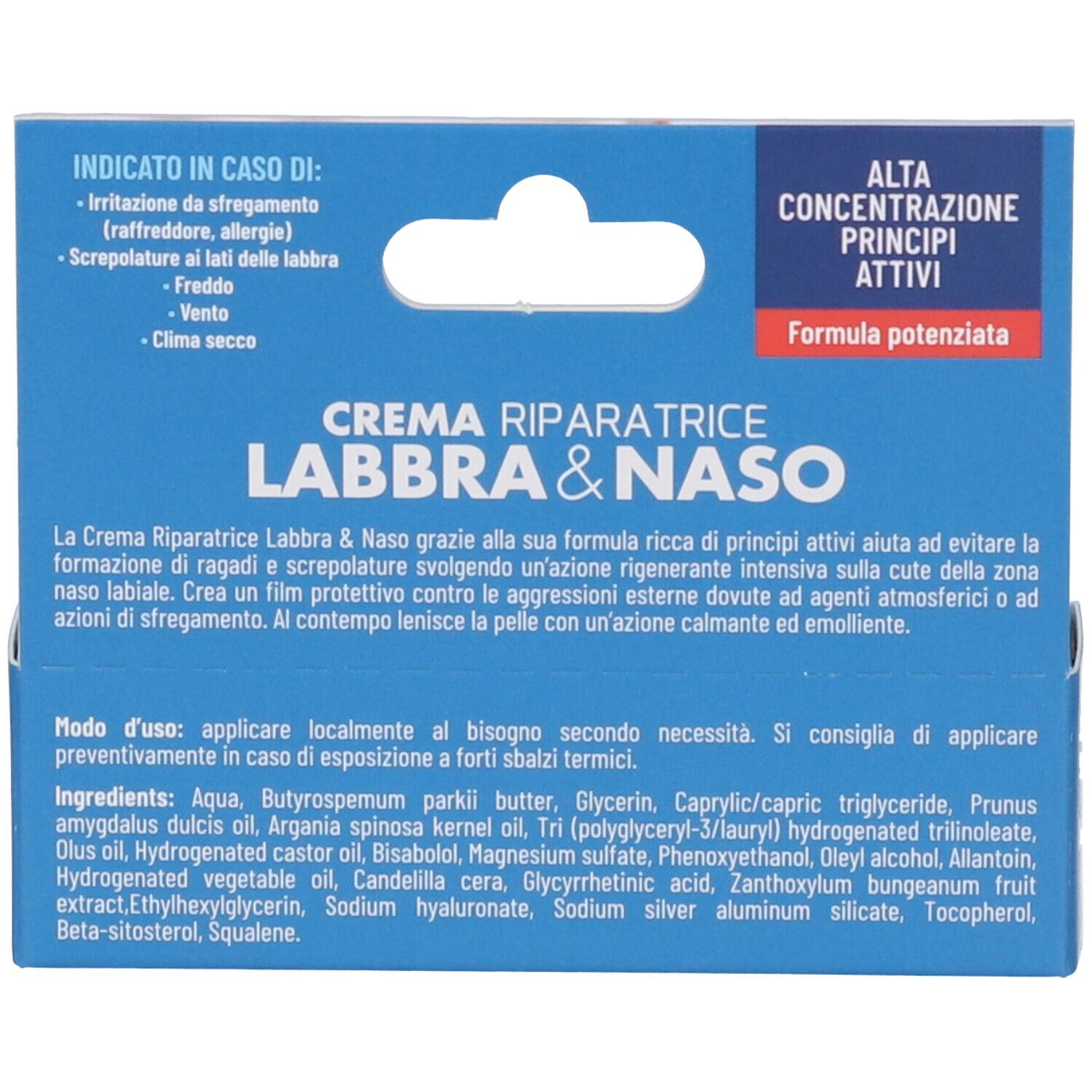 Dos de l'emballage. Texte : 'Crema Riparatrice Labbra & Naso'. Ingrédients et instructions d'utilisation. Marque Eurospital.