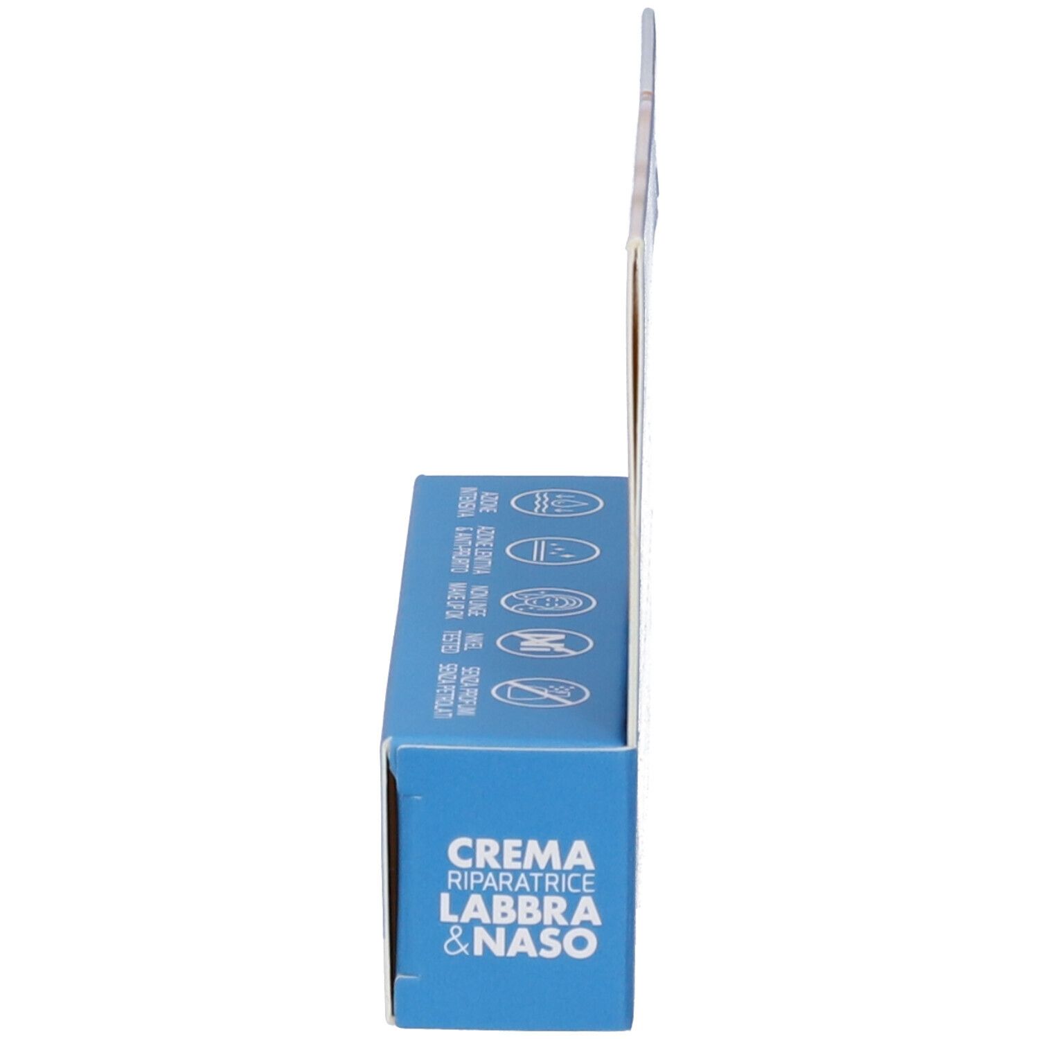 Vue latérale de l'emballage. Inscription 'Crema Riparatrice Labbra & Naso'. Marque Eurospital. Symboles.