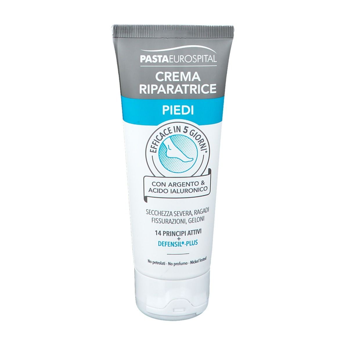 Tube de crème Pasta Eurospital, Crème réparatrice pour les pieds. Contient de l'argent et de l'acide hyaluronique. Efficacité en 5 jours.