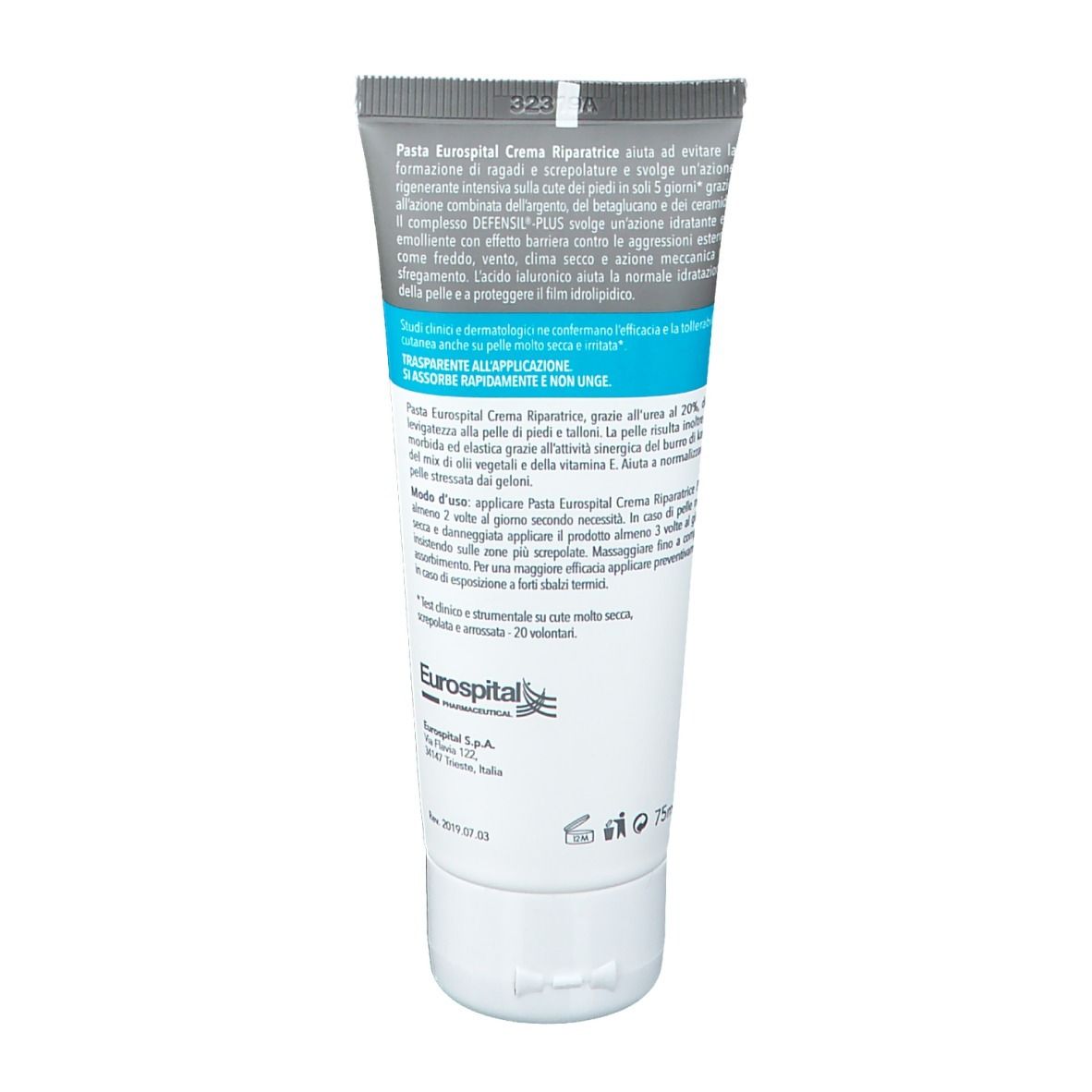 Dos du tube de crème Pasta Eurospital. Texte sur la crème, ingrédients et utilisation. Logo Eurospital.
