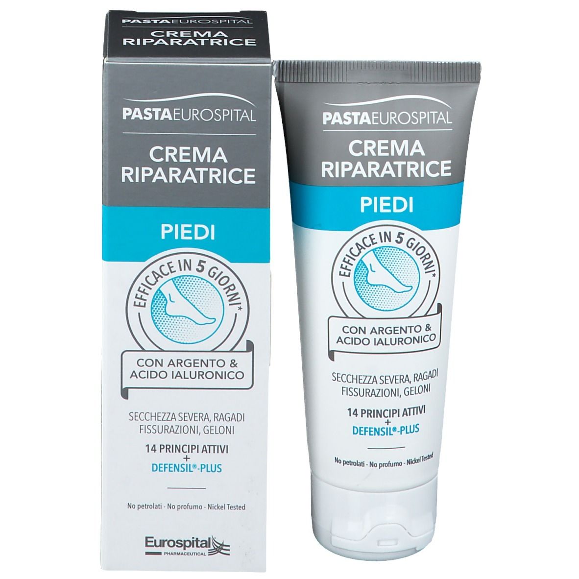 Emballage avec tube de crème Pasta Eurospital, Crème réparatrice pour les pieds. Efficacité en 5 jours.