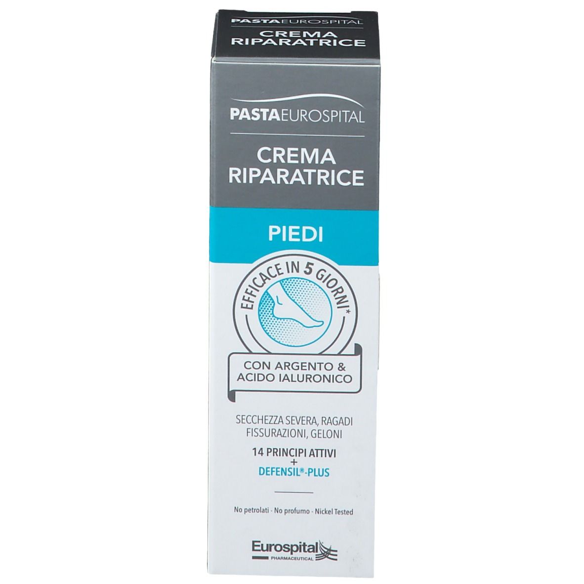 Emballage de la crème Pasta Eurospital, Crème réparatrice pour les pieds. Efficacité en 5 jours.